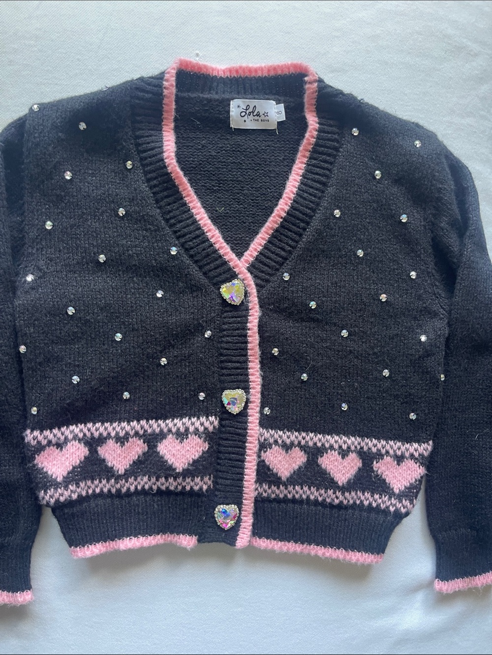LOLA The Boys GIRLS Size 8 Black & Pink Heart Embellished Cardigan